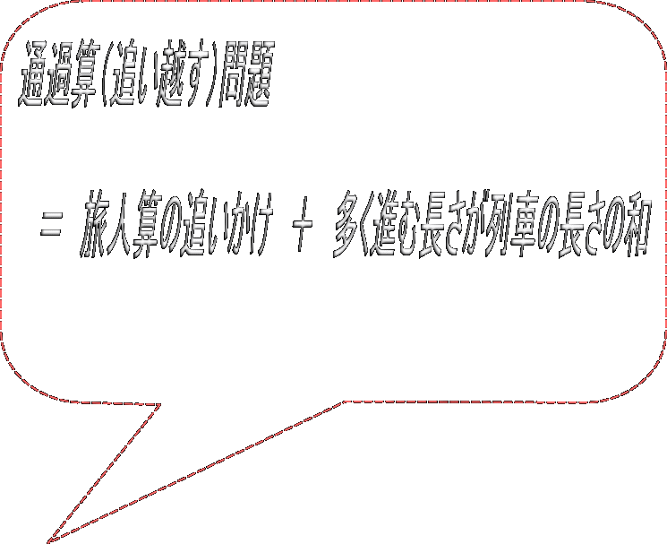 通過算（追い越す）問題  　＝　旅人算の追いかけ　＋　多く進む長さが列車の長さの和